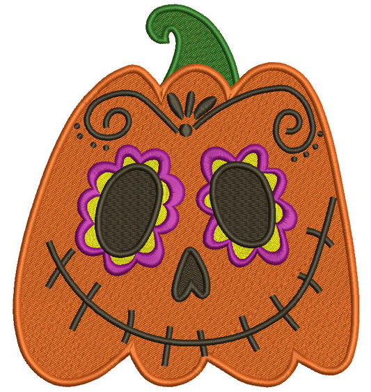 Day Of The Dead Sugar Skull Pumpkin Halloween Filled Machine Embroidery Design Digitized Pattern
