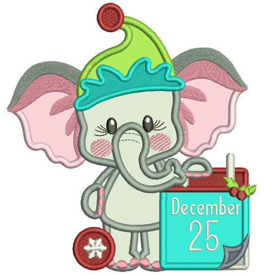 December 25th Cute Baby Elephant Christmas Applique Machine Embroidery Design Digitized Pattern