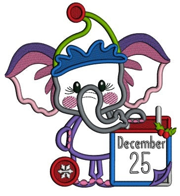December 25th Cute Baby Elephant Christmas Applique Machine Embroidery Design Digitized Pattern