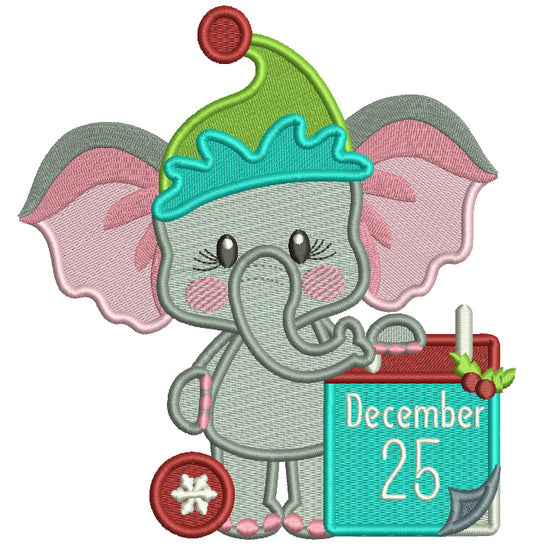 December 25th Cute Baby Elephant Christmas Filled Machine Embroidery Design Digitized Pattern