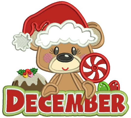 December Bear Holding Candy Christmas Applique Machine Embroidery Design Digitized Pattern