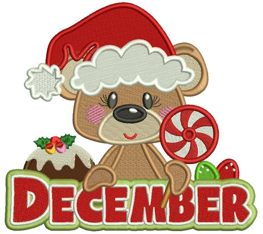 December Bear Holding Candy Christmas Filled Machine Embroidery Design Digitized Pattern