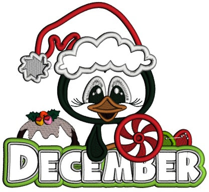December Penguin Wearing Santa Hat Christmas Applique Machine Embroidery Design Digitized Pattern Filled Machine Embroidery Design Digitized Pattern