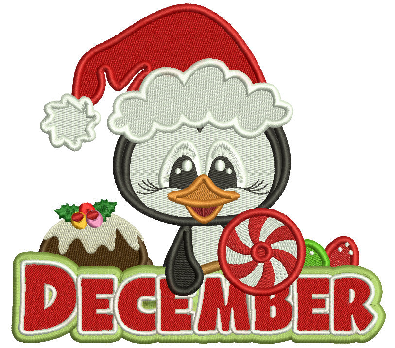 December Penguin Wearing Santa Hat Christmas Filled Machine Embroidery Design Digitized Pattern Filled Machine Embroidery Design Digitized Pattern