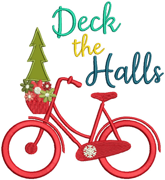 Deck The Halls Bicycle And Christmas Tree Applique Machine Embroidery Design Digitized Pattern