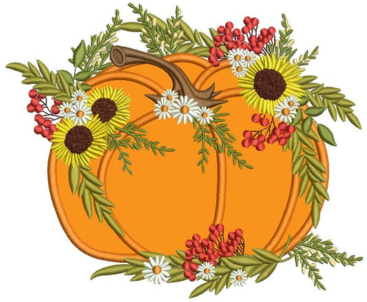 Decorative Pumpking With Sunflowers Thanksgiving Applique Machine Embroidery Design Digitized Pattern