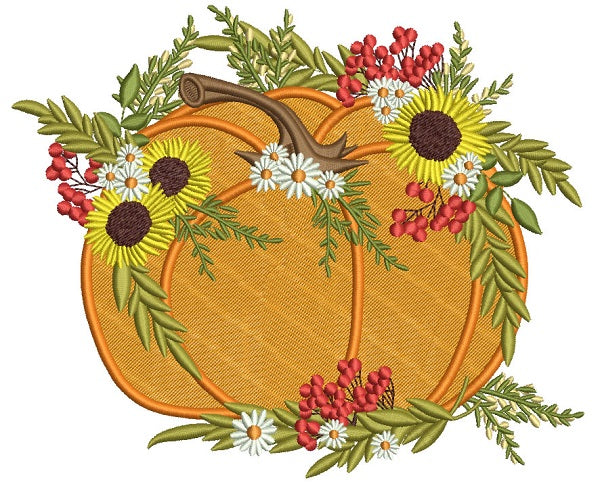 Decorative Pumpking With Sunflowers Thanksgiving Filled Machine Embroidery Design Digitized Pattern