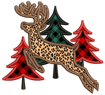 Deer And Christmas Trees Applique Machine Embroidery Design Digitized Pattern