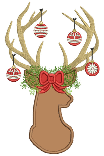 Deer Head With Antlers Full of Christmas Ornaments Applique Machine Embroidery Design Digitized Pattern