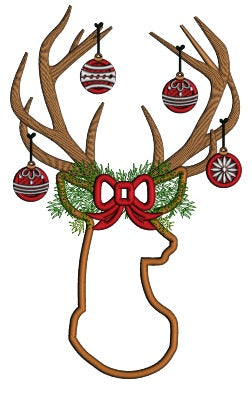Deer Head With Antlers Full of Christmas Ornaments Applique Machine Embroidery Design Digitized Pattern
