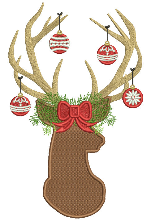 Deer Head With Antlers Full of Christmas Ornaments Filled Machine Embroidery Design Digitized Pattern