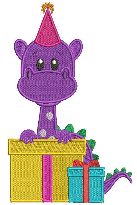 Dino Wearing a Birthday Hat Filled Machine Embroidery Design Digitized Pattern