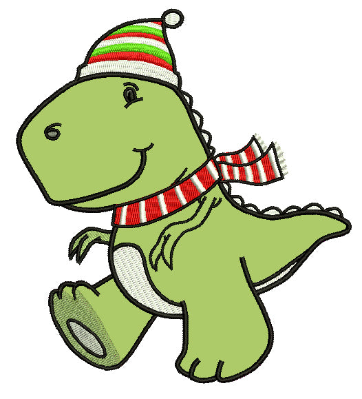Dino Wearing a Christmas Hat and Scraf Applique Machine Embroidery Design Digitized Pattern