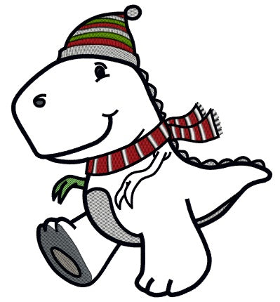 Dino Wearing a Christmas Hat and Scraf Applique Machine Embroidery Design Digitized Pattern