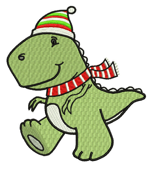 Dino Wearing a Christmas Hat and Scraf Filled Machine Embroidery Design Digitized Pattern