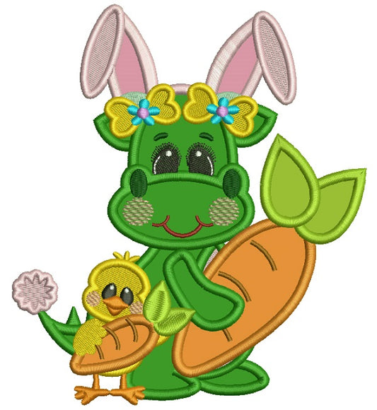 Dino With Little Chick Holding Carrots Applique Easter Machine Embroidery Design Digitized Pattern