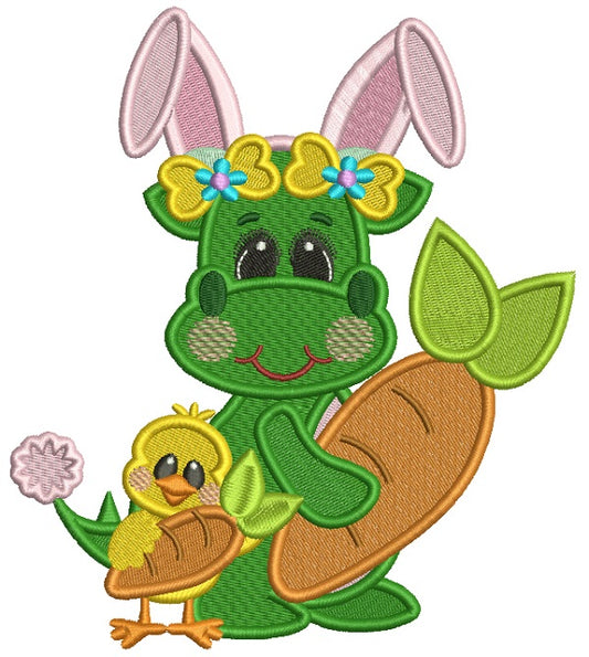 Dino With Little Chick Holding Carrots Filled Easter Machine Embroidery Design Digitized Pattern