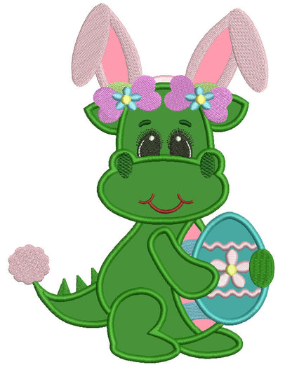 Dino with Bunny Ears and Easter Egg Applique Machine Embroidery Digitized Design Pattern