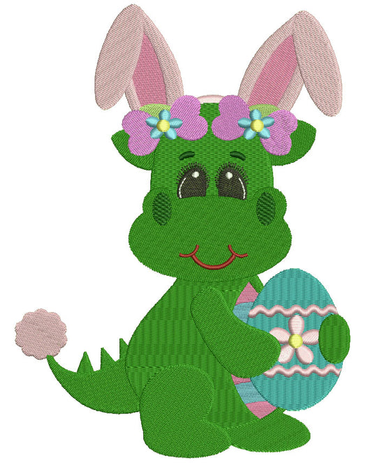 Dino with Bunny Ears and Easter Egg Filled Machine Embroidery Digitized Design Pattern