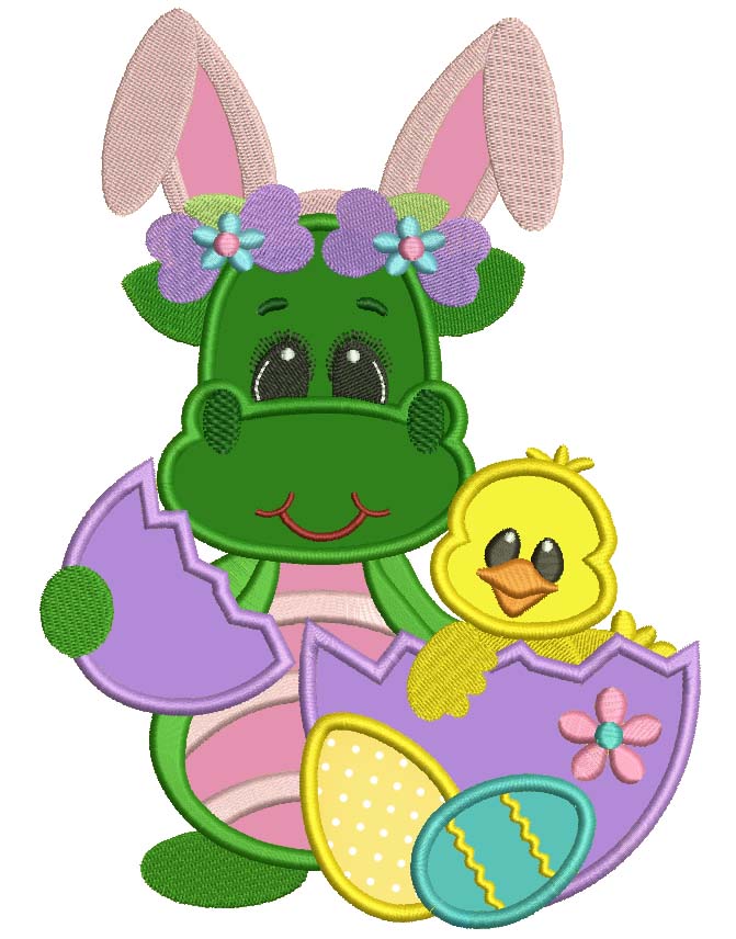 Dino with Bunny Ears and little chick Easter Applique Machine Embroidery Digitized Design Pattern