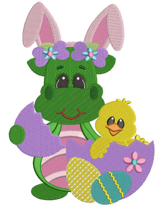 Dino with Bunny Ears and little chick Easter Filled Machine Embroidery Digitized Design Pattern