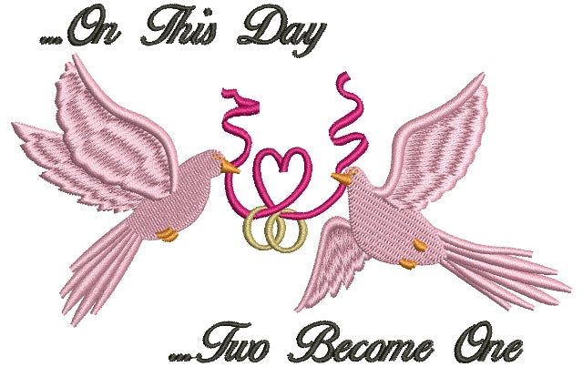 Doves Holding a Heart Ribbon Wedding Rings Filled Machine Embroidery Digitized Design Pattern