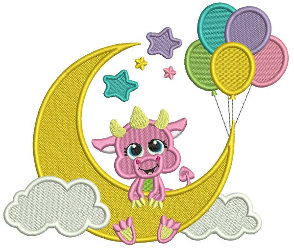 Dragon On The Moon With Balloons Filled Machine Embroidery Digitized Design Pattern