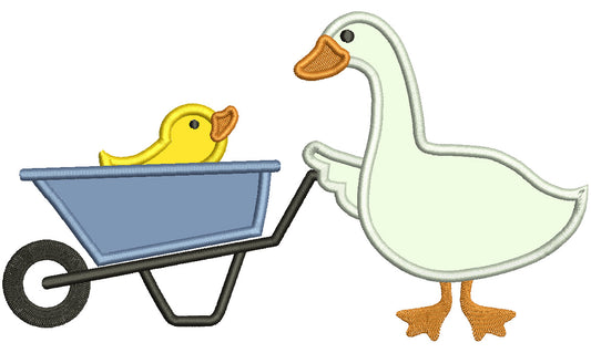 Duck Driving a Little Baby Chick In Garden Wagon Applique Machine Embroidery Design Digitized Pattern
