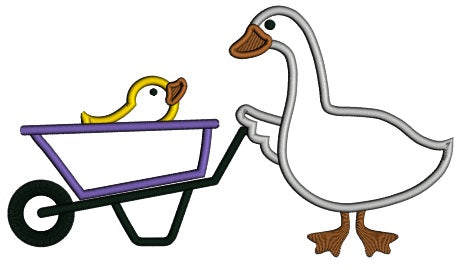 Duck Driving a Little Baby Chick In Garden Wagon Applique Machine Embroidery Design Digitized Pattern
