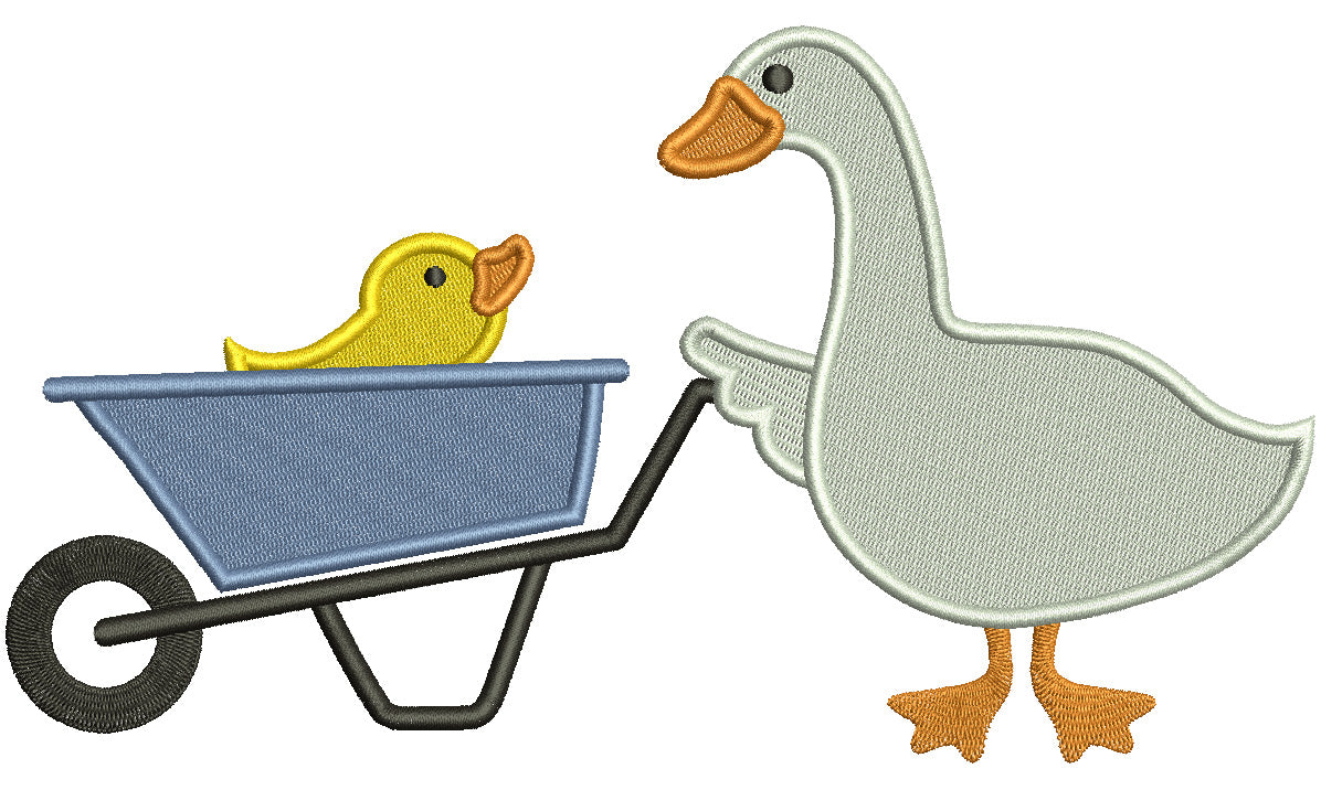 Duck Driving a Little Baby Chick In Garden Wagon Filled Machine Embroidery Design Digitized Pattern