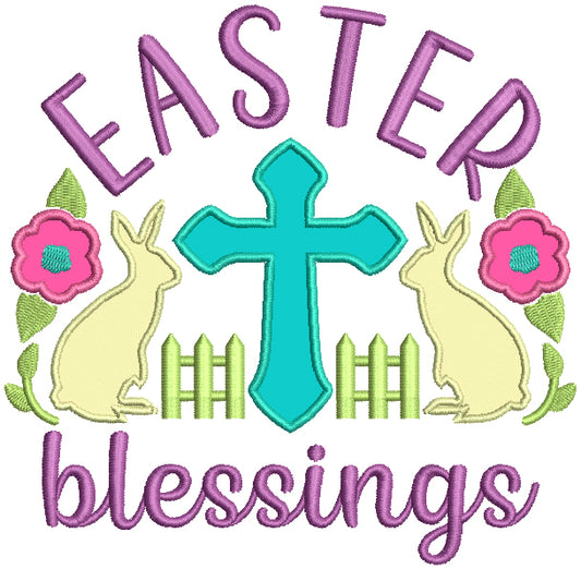Easter Blessings Twon Bunnies And Cross Easter Applique Machine Embroidery Design Digitized Pattern
