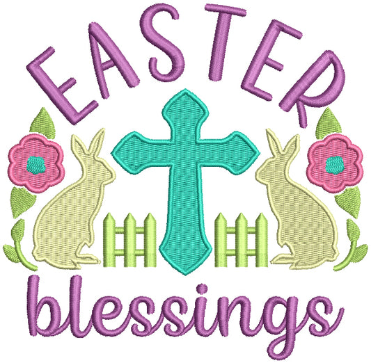 Easter Blessings Twon Bunnies And Cross Easter Filled Machine Embroidery Design Digitized Pattern