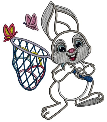 Easter Bunny Catching Butterflies Applique Machine Embroidery Design Digitized Pattern