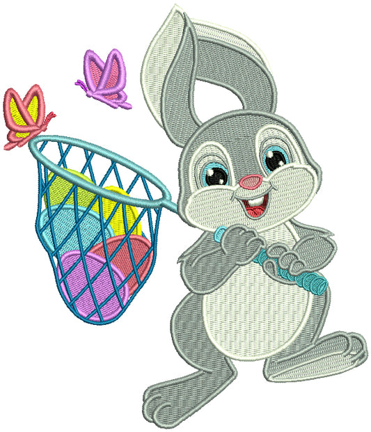 Easter Bunny Catching Butterflies Filled Machine Embroidery Design Digitized Pattern