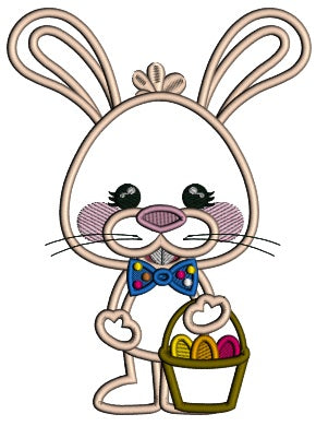 Easter Bunny Holding Basket With Three Eggs Applique Machine Embroidery Design Digitized Pattern
