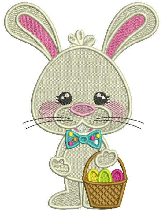 Easter Bunny Holding Basket With Three Eggs Filled Machine Embroidery Design Digitized Pattern