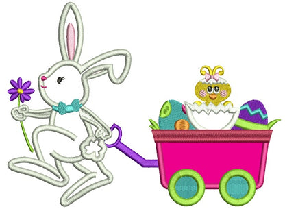 Easter Bunny Rolling a Wagon With Chick Applique Machine Embroidery Design Digitized Pattern