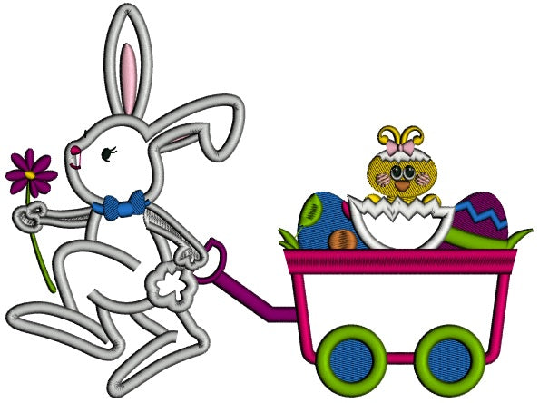 Easter Bunny Rolling a Wagon With Chick Applique Machine Embroidery Design Digitized Pattern