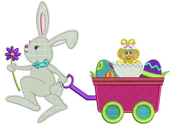 Easter Bunny Rolling a Wagon With Chick Filled Machine Embroidery Design Digitized Pattern