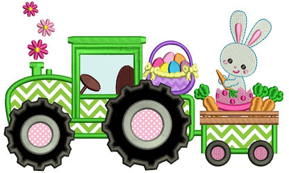 Easter Bunny Tractor With Eggs Applique Machine Embroidery Design Digitized Pattern