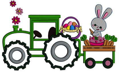 Easter Bunny Tractor With Eggs Applique Machine Embroidery Design Digitized Pattern