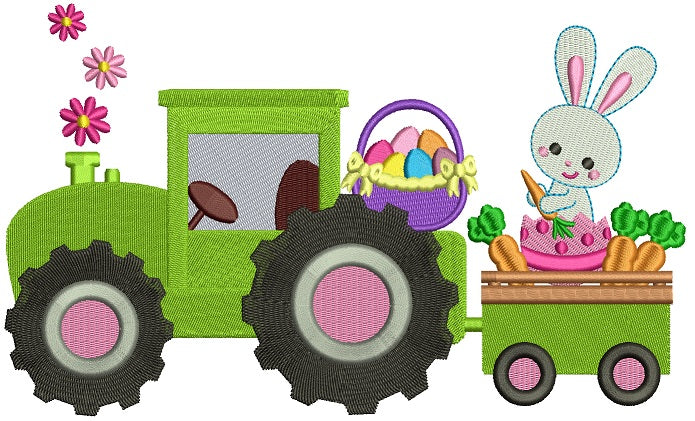 Easter Bunny Tractor With Eggs Filled Machine Embroidery Design Digitized Pattern
