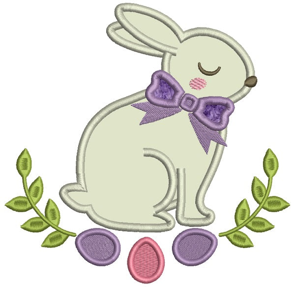 Easter Bunny With a Bow and Three Eggs Applique Machine Embroidery Design Digitized Pattern