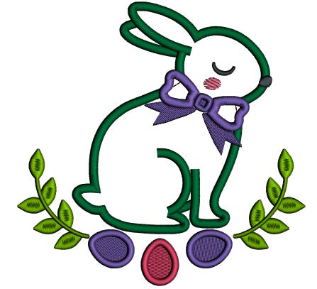 Easter Bunny With a Bow and Three Eggs Applique Machine Embroidery Design Digitized Pattern