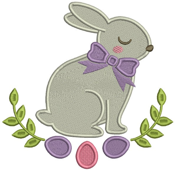 Easter Bunny With a Bow and Three Eggs Filled Machine Embroidery Design Digitized Pattern