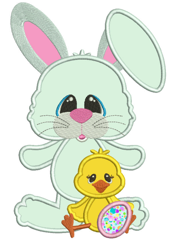 Easter Bunny With a Little Chick Applique Machine Embroidery Design Digitized Pattern