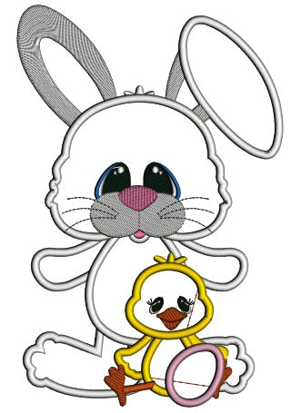 Easter Bunny With a Little Chick Applique Machine Embroidery Design Digitized Pattern