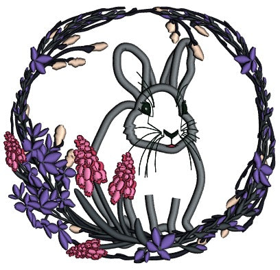 Easter Bunny Wreath With Purples Flowers Applique Machine Embroidery Design Digitized Patterny