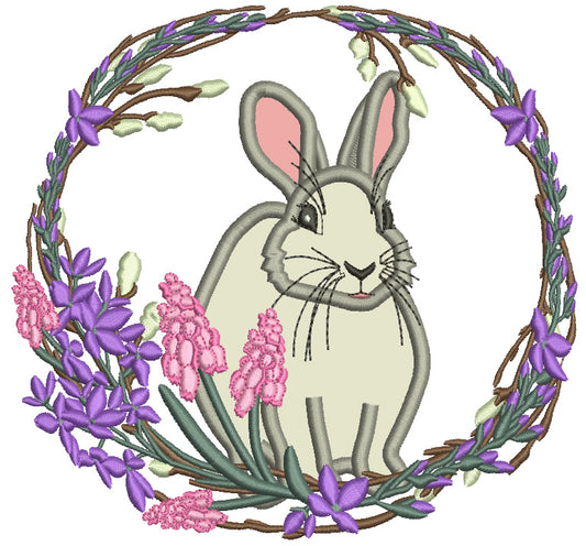 Easter Bunny Wreath With Purples Flowers Applique Machine Embroidery Design Digitized Patterny