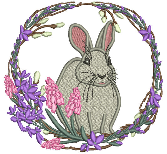 Easter Bunny Wreath With Purples Flowers Filled Machine Embroidery Design Digitized Patterny